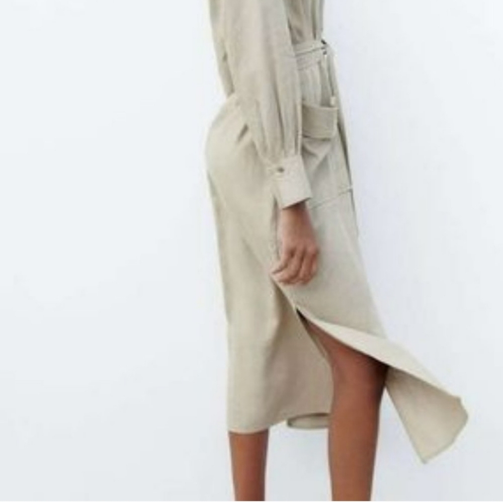 NWT. Zara Midi Linen Blend Dress Pockets long sleeve Sz S - Picture 3 of 9
